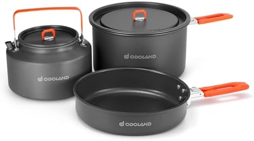 Odoland Camping Cookware Mess Kit, Camping Cooking Pot Fry Pan and 1.1L Kettle Set, Portable Camping Cookware Set with Mesh Bag for Camping, Backpacking, Outdoor Cooking and Picnic