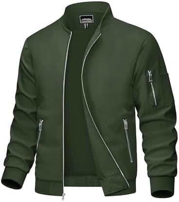 MAGCOMSEN Bomber Jacket Men Light Jacket Windproof Windbreaker Jacket Lightweight Bomber Jacket Casual Army Green M