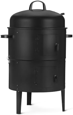 Amazon Basics 16 inch Vertical Charcoal Outdoor Smoker, BBQ Grill, with Built-in Thermometer, 2-Layer Design, Adjustable Air Supply Control, Black