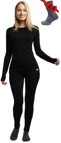 Merino.tech Merino Wool Base Layer Womens Set - Midweight Merino Wool Thermal Underwear for Women Top & Bottom + Neck Gaiter