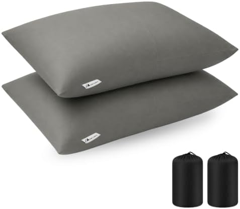 MOON LENCE Camping Pillows 2 Pack, Compressible Camp Pillow with Washable Cover & Carry Bag, Plush Filled Backpacking Pillow for Hiking, Travel, Sleeping 14"x18" Light Grey
