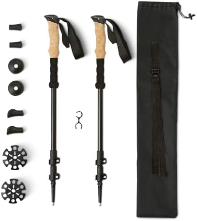 Amazon Basics Trekking Poles, Lightweight Collapsible Hiking Sticks with Quick Lock, EVA Grip & All-Terrain Accessories, Adjustable Aluminum, Black, 53in