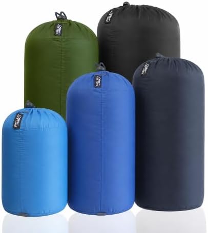 Frelaxy Stuff Sack Set 5-Pack (3L&5L&9L&15L&20L), Ultralight Ditty Bags with Dust Flap for Traveling Hiking Backpacking (Sky Blue&Blue&Navy&Army Green&Black)