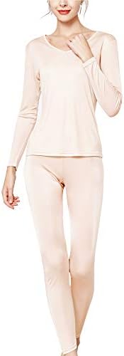 METWAY Women's Silk Long Johns V-Neck Pure Silk Thermal Underwear Sets for Winter Base Layer