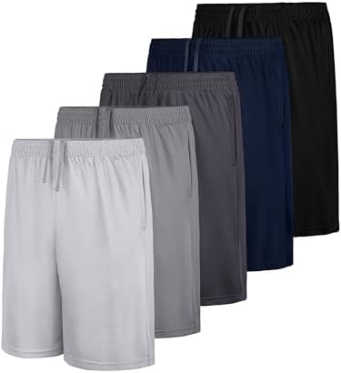 5 Pack Boys Athletic Shorts Basketball Soccer Dry-Fit Shorts with Pockets | Moisture Wicking,Breathable Lightweight Fabric,Sports &Outdoor Wear for Teen Kids Youth, Elastic Waist Pockets