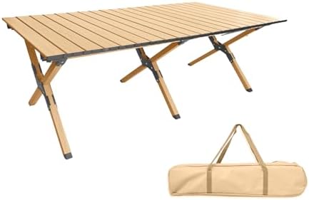 Folding Camping Table, Roll-Up Folding Table with Carry Bag, Portable Aluminum Picnic Table, Low Height Beach Table for Outdoor Use, Travel, BBQ & Hiking, Easy Assembly (Natural)