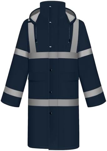 TCCFCCT Rain Suits Heavy Duty Rain Jackets with Hood, Waterproof, Hi Vis, Long Safety Coats for Women & Men, Navy Blue, XL