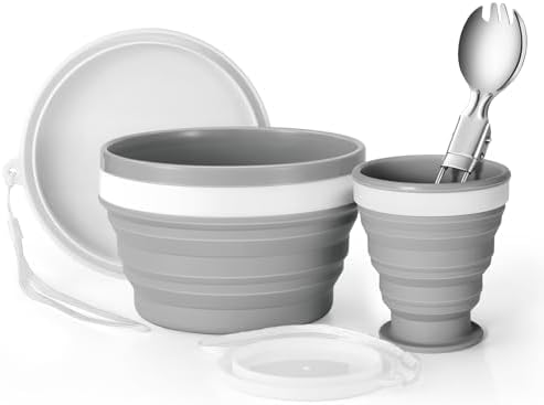Odoland Camping Collapsible Silicone Cup and Bowl Set, Portable Mess Kit