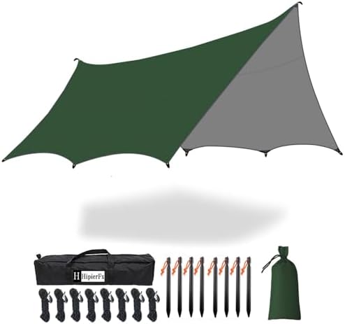 16x16 ft Large Camping Tarp Waterproof Hammock Rain Fly Camping Awning Sun Shelter (Without Pole) (Green)