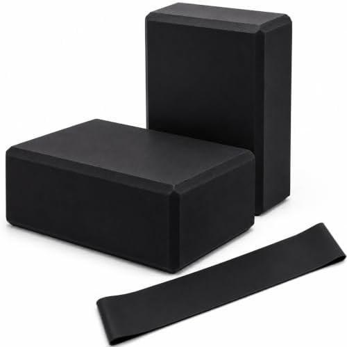 Yoga Blocks 2 Pack, Foam Yoga Block Set with Loop Resistance Band, High-Density EVA Yoga Block for Yoga, Pilates, Exercise, Stretching, Balance Training and Home Workouts