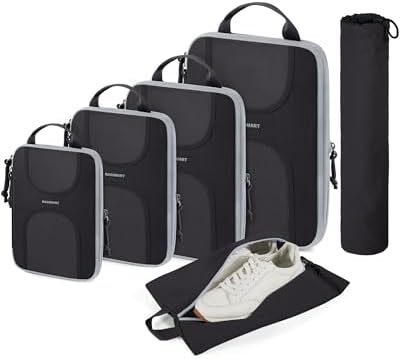 BAGSMART Compression Packing Cubes, 6 Set Packing Cubes for Suitcases, Lightweight Suitcases Organizers Bag Set & Compression Travel Cubes, Travel Essentials Packing Organizers Black