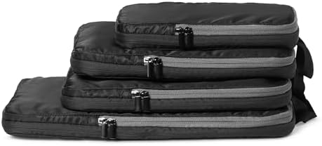 Amazon Essentials Ultralight Compression Packing Cubes, Recycled Fabric, 2 Zippers, 4-Pack, Black, for Suitcases or Backpacks