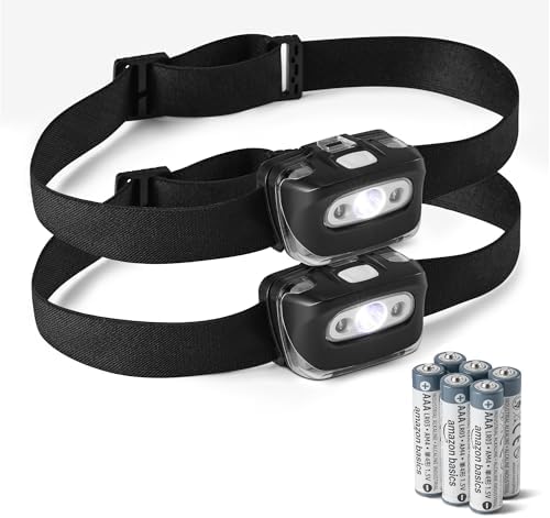 Amazon Basics Outdoor and Camping Essentials Headlamps, 45-Degree Adjustable, 7 Lighting Modes with Red Light, Water Resistant, 2-Pack, Black