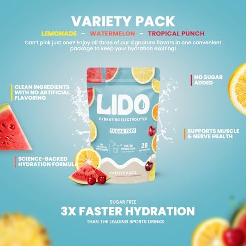 LIDO Electrolyte Powder Packets — Zero Sugar Hydration Drink Mix Packets with Trace Minerals & Sea Salt — Vegan, Keto, Paleo & Fasting Friendly — Variety Pack for Replenishment & Energy, 28 Sticks