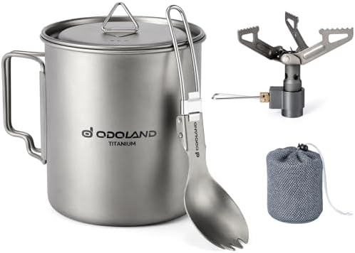 Odoland Titanium Camping Cookware 750ML Titanium Pot with Camping Stove and Spork Portable Pot for Backpacking, Hiking, Traveling and Picnic