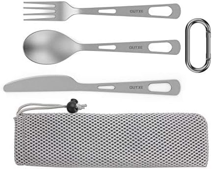 OUTXE Titanium Flatware Knife Fork Spoon Set Lightweight Ti Camping Utility Cutlery Set with Carrying Bag for Traveling Picnic Hiking