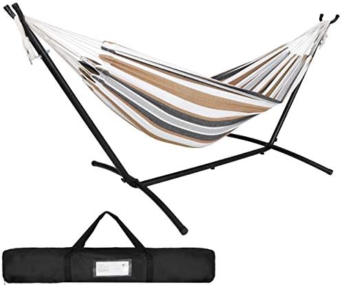 SUPER DEAL Portable 2 Person Hammock with 9FT Hammock Stand, 620 LBS Capacity Adjustable Hammock Bed with Space Saving Carrying Case Included for Camping Garden Backyard Patio Indoor Outdoor
