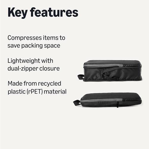 Amazon Essentials Ultralight Compression Packing Cubes, Recycled Fabric, 2 Zippers, 4-Pack, Black, for Suitcases or Backpacks