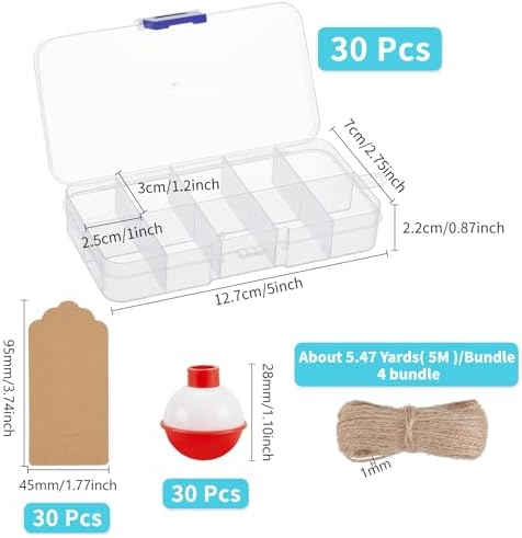 30 Set Fishing Candy Little Tackle Boxes with 30 Fishing Bobber 20M Jute Twine 30 Kraft Paper Tags for Decoration Fishing Party Favors Gone Fishing Theme Supplies (Non-Removable Partition)