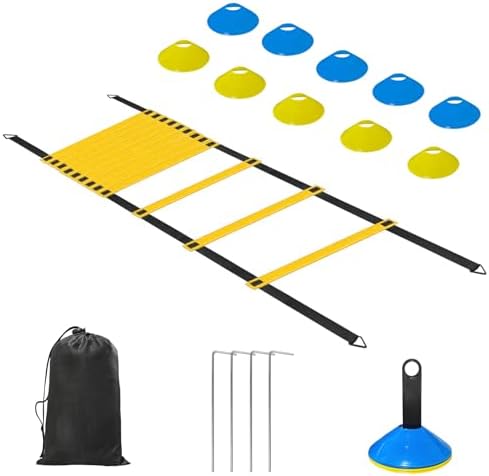 Hands Free Speed Agility Training Equipment Set - 20ft Agility Ladder, 10 Disc Cones, Resistance Parachute, 5 Resistance Bands & Carry Bag | Football Soccer Basketball Fitness Drills