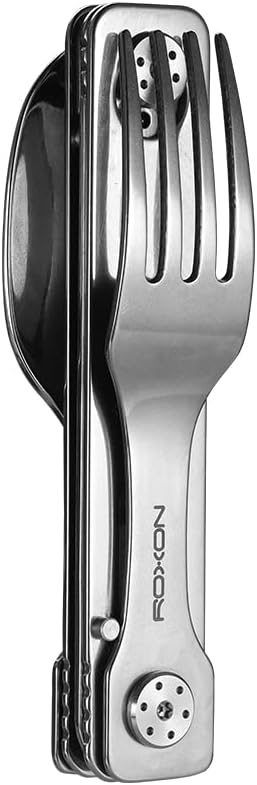 ROXON 3-in-1 Camping Utensils Set with Case (Knife, Spoon, Fork) Silver