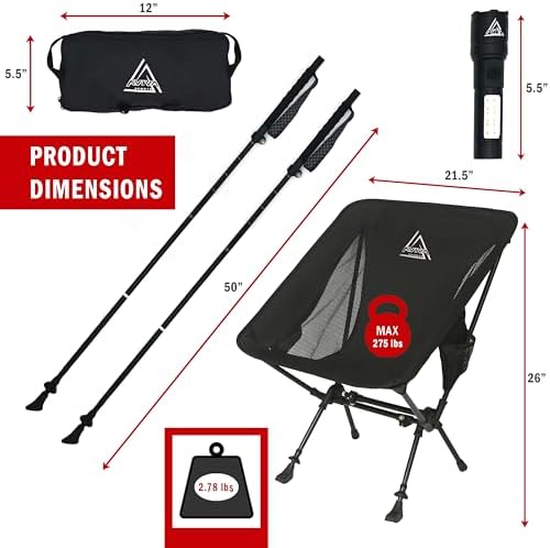 3-in-1 Camping Chair, Trekking Poles & Mounted Flashlight – All-in-One Backpacking Kit Small & Weighs Only 3 lbs – Lightweight Aluminum Hiking Poles - Chair & High Lumen LED Light