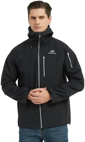 NORDIC OUTLAND Men's Waterproof Softshell Rain Jacket, Hooded Windbreaker 7 Pockets, Lightweight Shell for Outdoor Activities