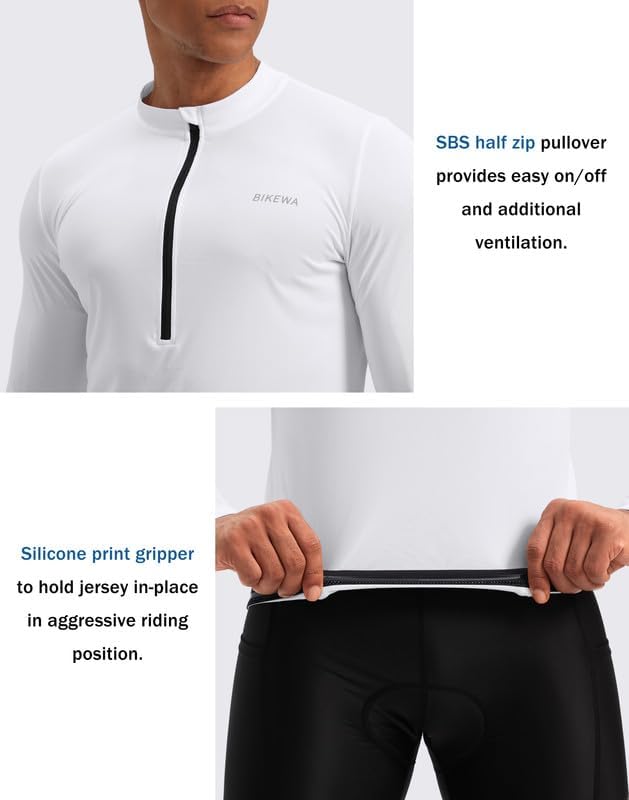 Bikewa Men's Cycling Jersey with 3+1 Rear Zipper Pockets Long Sleeve Moisture Wicking UPF 50+ Half Zip Riding Bike Shirts