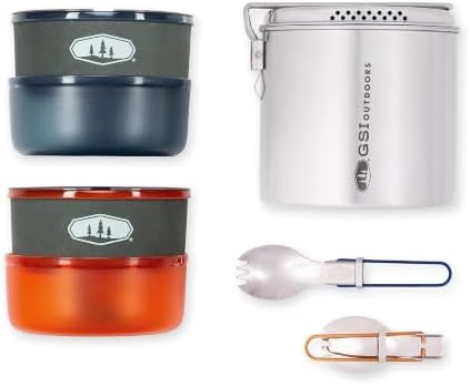 GSI Outdoors Glacier Dualist Camping Cookset, Stainless Steel Backpacking Cookware Set with Pots, Bowls, Mugs & Storage Bag, Lightweight Camping Gear for 2 People