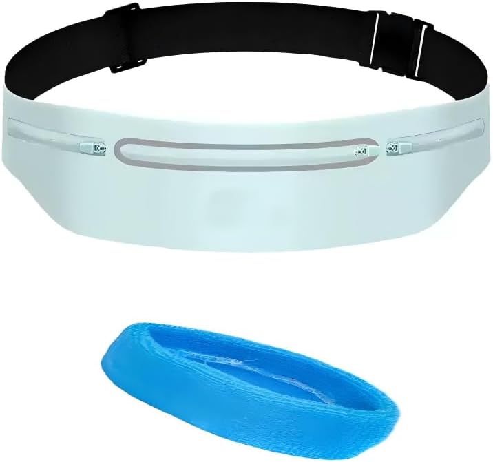 2 in 1 running set | running belt + moisture sweat headband, ultra-thin invisible shock proof waist bag, three pockets belly bag, suitable for fitness, jogging, hiking