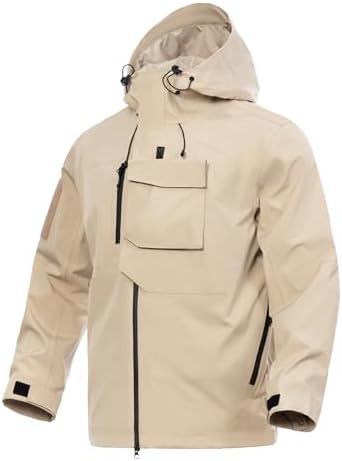 Men's Waterproof Tactical Jacket Lightweight Hooded Raincoat Stain Resistant Breathable Outdoor Shell