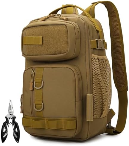 Fishing Backpack - Tackle Sling Bag- Fishing Gear Bags with Rod Holder and Fish Plier (Tan)