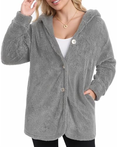 MANGOPOP Womens Fleece Jacket 2025 Winter Oversized Fuzzy Hooded Coat Button Cardigan Sherpa Sweaters Outerwear with Pockets