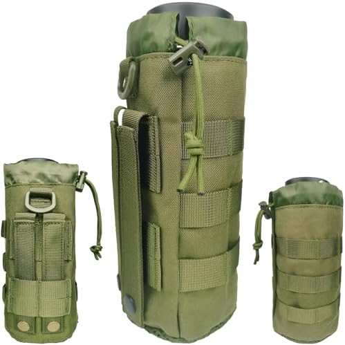 Tactical MOLLE Water Bottle Holder, Upgraded Water Bottle Pouch with Drawstring Open Top & Mesh Bottom, 16/24/25/32oz Water Bottle Carrier Bag with D-Ring Hook for Backpack