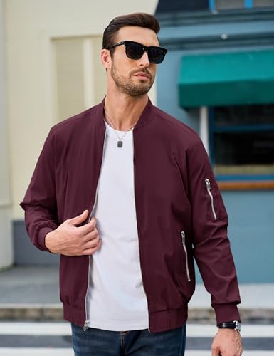 MAGCOMSEN Bomber Jacket Men Jackets Lightweight Windbreaker Jacket Zip Up Bomber Jacket Light Jackets Wine Red,2XL
