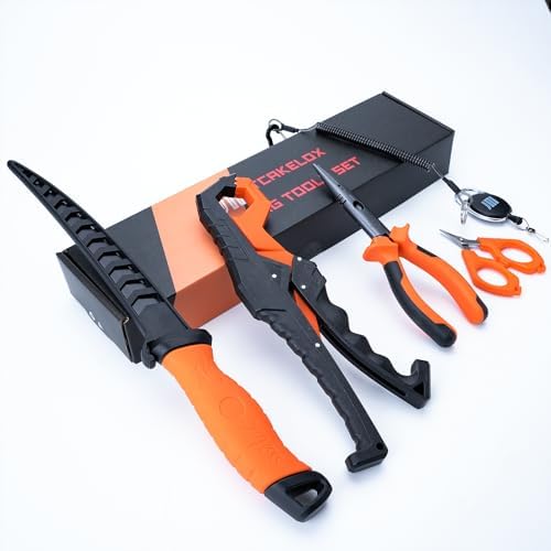 6pc Fishing Tool Kit - Safe Resistant Fishing Pliers with Lanyard, Fillet Knife, Floating Fish LipFishing Braid,Scissors Gripper, Tool Retractor, Fishing Gifts for Men