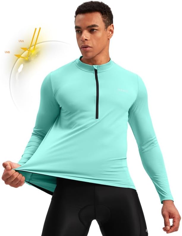 Bikewa Men's Cycling Jersey with 3+1 Rear Zipper Pockets Long Sleeve Moisture Wicking UPF 50+ Half Zip Riding Bike Shirts