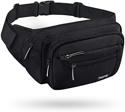 FREETOO Fanny Pack For Men Women, Large Capacity Waist Bag Black Belt Bag | 6 Pockets, Waterproof, Adjustable, Scratch-Resistant, Wear-Resistant, Travel Vacation Walking Hiking Running Park Fishing