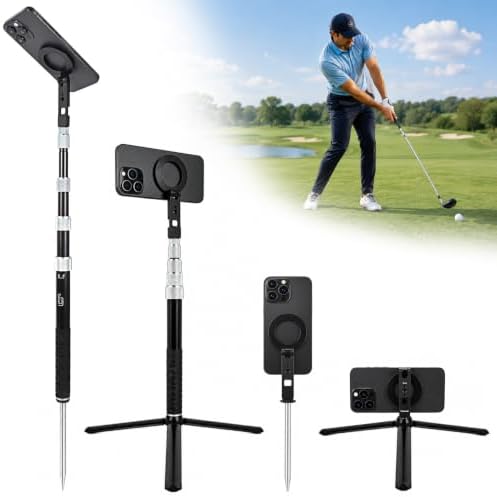 Golf Tripod & Monopod Golf Swing Phone Holder 47" Aluminum Alloy Selfie Stick for Golf Training Aid 7.8" Stainless Steel Ground Spike 12" Detachable Tripod, Indoor Outdoor, Fits Phone Camera GoPro