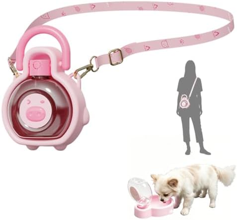 2-in-1 Crossbody Portable Dog Water Bottle with Foldable Bowl Base, 13.5oz, Adjustable Water Flow, Ideal for Small & Medium Dogs on Daily Walks and Pet Trips （Pink）