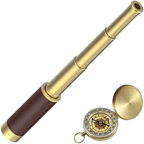 Pirate Spyglass Telescope Pocket Compass Set, Caribbean Collapsible Spyglass Zoomable Pirate Monocular Telescope Handheld Telescope Pirate Spyglass for Bird Watching Hunting Hiking Travelling