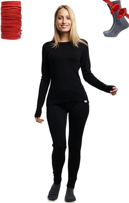 Merino.tech Merino Wool Base Layer Womens Set - Midweight Merino Wool Thermal Underwear for Women Top & Bottom + Neck Gaiter