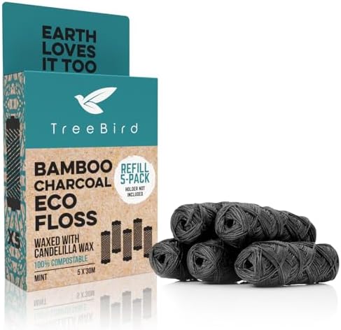 TreeBird Bamboo Charcoal Dental Floss Refills | Pack of 5 (33 Yard Spools) | Mint Flavor, Candelilla Waxed | Refill Pack for Floss Holder | Kraft Paper Box