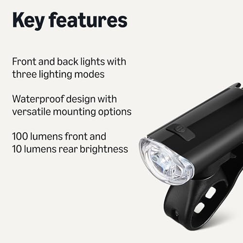 Amazon Basics Bike Lights for Day/Night Riding, Bicycle Lights Front and Back, Headlight Black, Taillight Red, Three Lighting Modes, Versatile Mounting Options