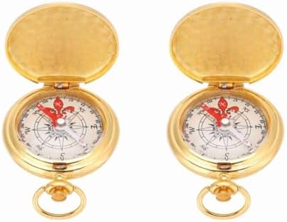2 Pcs Golden Antique Navigation Compass Keychain – Water Proof Flip-Open Pocket Compass for Outdoor Camping & Hiking