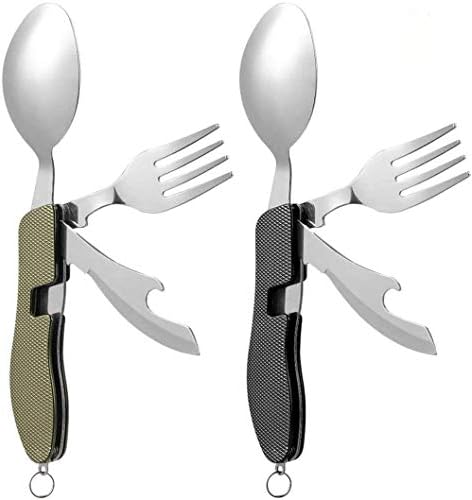 2Pcs Detachable Camping Utensils Cutlery Set, Caudblor Portable 4 in 1 Stainless Steel Travel Utensil, Foldable Knife Fork Spoon Bottle Opener, Multi Function Eating Flatware Tableware(Green Black)