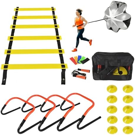 Soccer Training Equipment Set, Multifunctional Football Gear with 4 Adjustable Hurdles 9.8 feet 6 Rungs Agility Speed Ladder