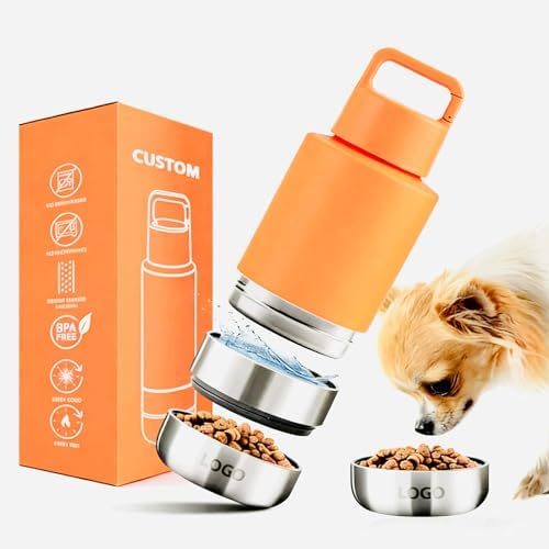 Insulated Water Bottle for Dog | Ideal Dog Mom Gifts | 34 oz Leakproof Travel Bottle | Convenient Travel Dog Bowls | Perfect for Hydration on the Go | 3 in 1 Portable Solution for Pet Owners (Orange)