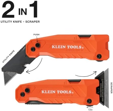Klein Tools 44306 FLICKBLADE 2-in-1 Folding Utility Knife and Scraper with Built-In Blade Storage, Dual Locking Positions, Includes 3 Triple-Ground Carbon Steel Blades