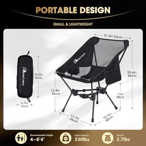 MOON LENCE Portable Camping Chair，Lightweight Backpacking Hiking Chairs,Compact,Foldable,with Anti-Sinking Large Feet for Beach,330 lbs Capacity (Black, Standard)